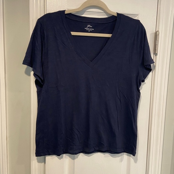 NWOT J. Crew Size M Navy Blue Vintage Cotton Short Sleeve V Neck Tee Shirt - Picture 1 of 10